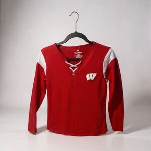 Fanatics Wisconsin Badgers Red White Lace Up Long Sleeve Shirt Womens Medium